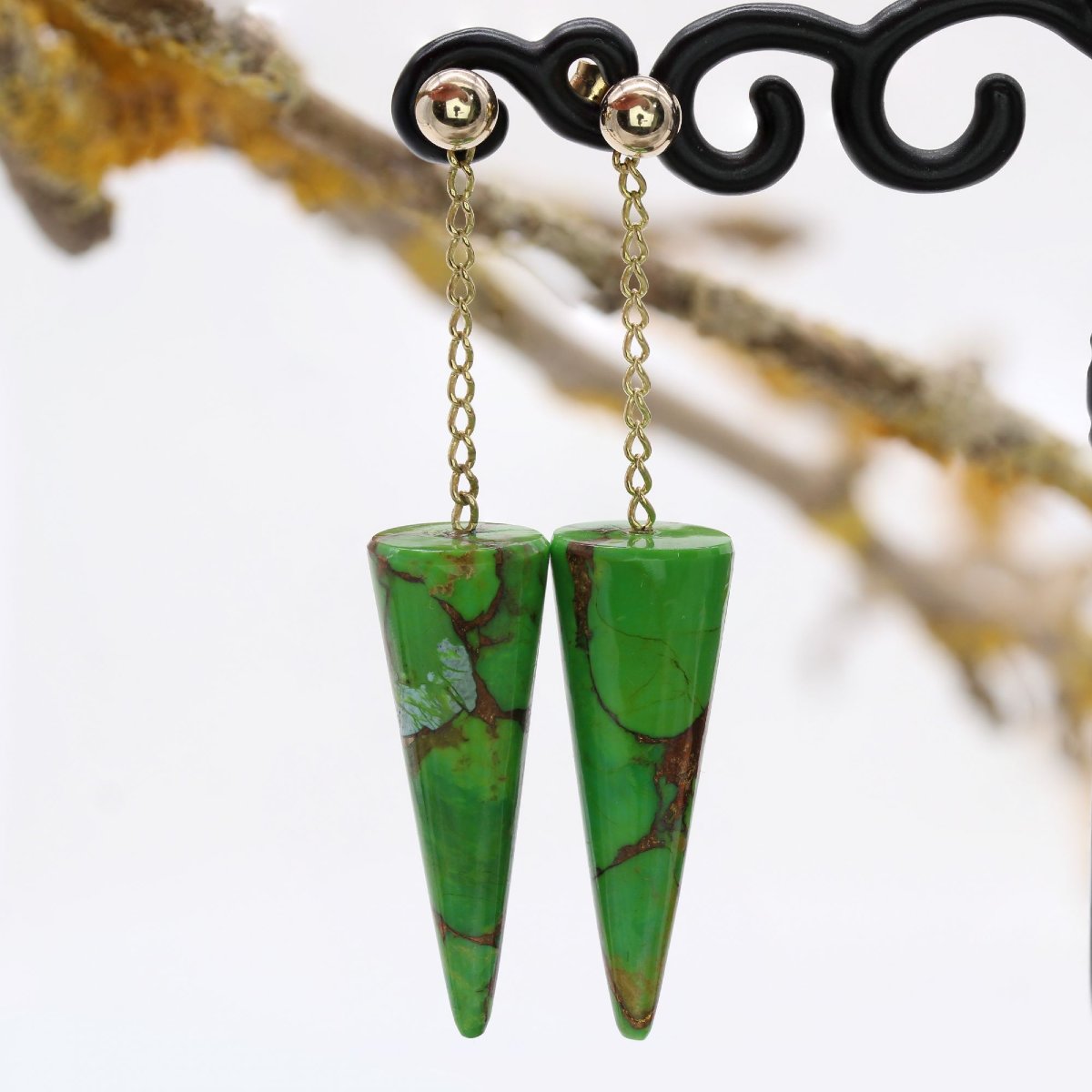 Gold Bead And Green Turquoise Earrings From Turkmenistan-photo-3