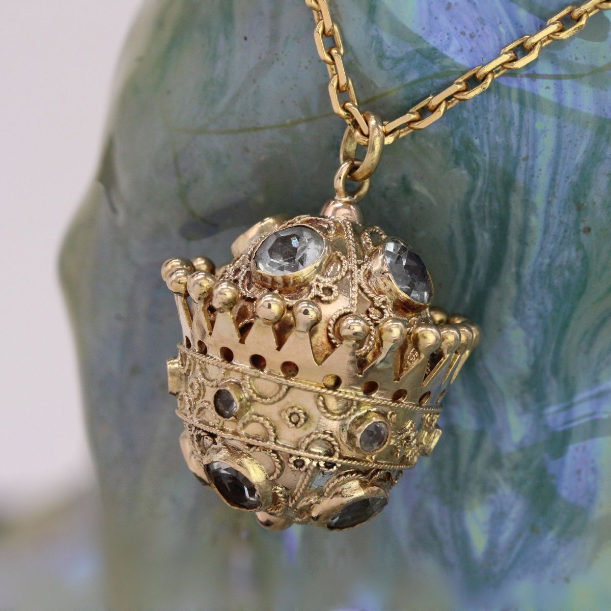 Pendentif vintage or et aigue-marine-photo-3