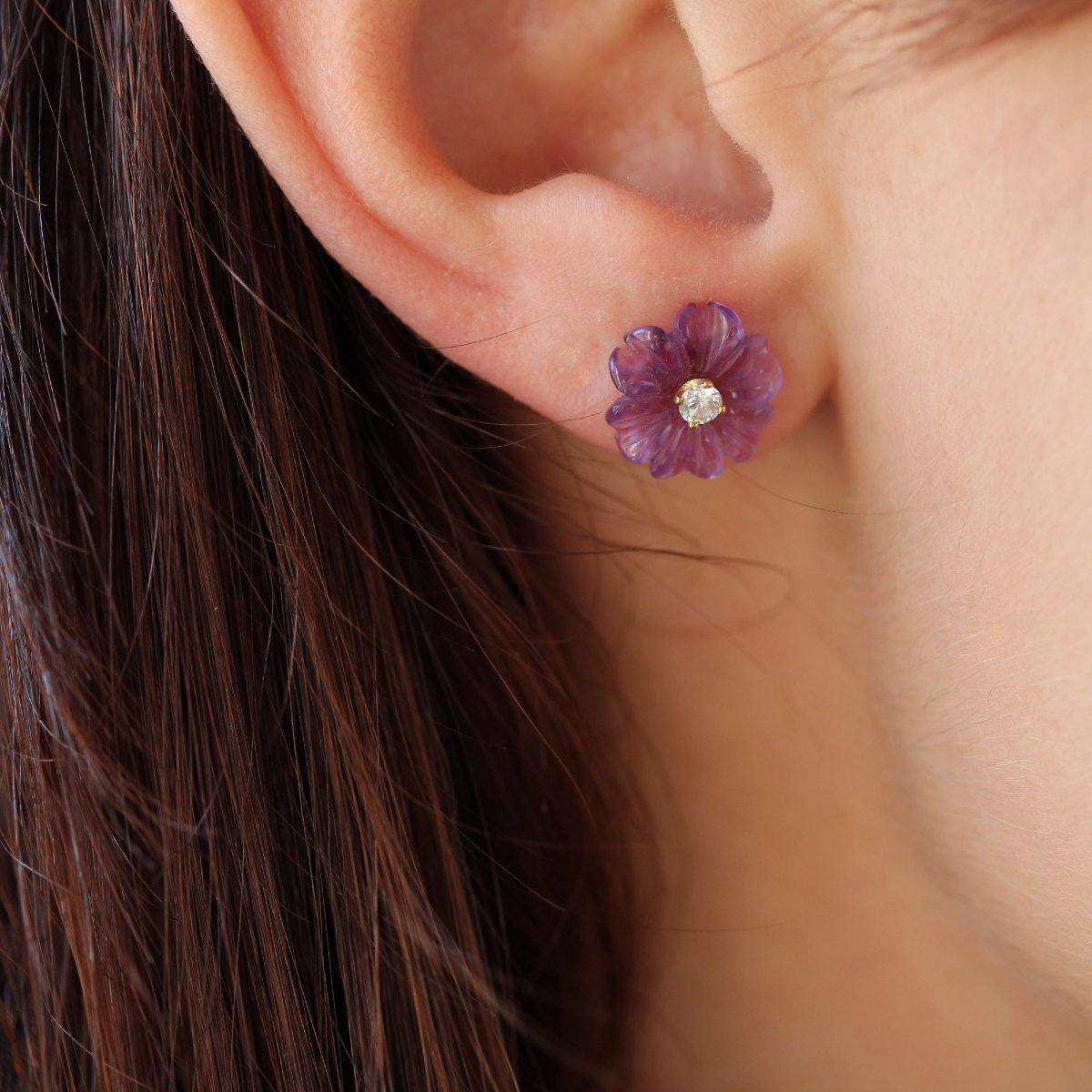 Diamond And Amethyst Flower Earrings-photo-2