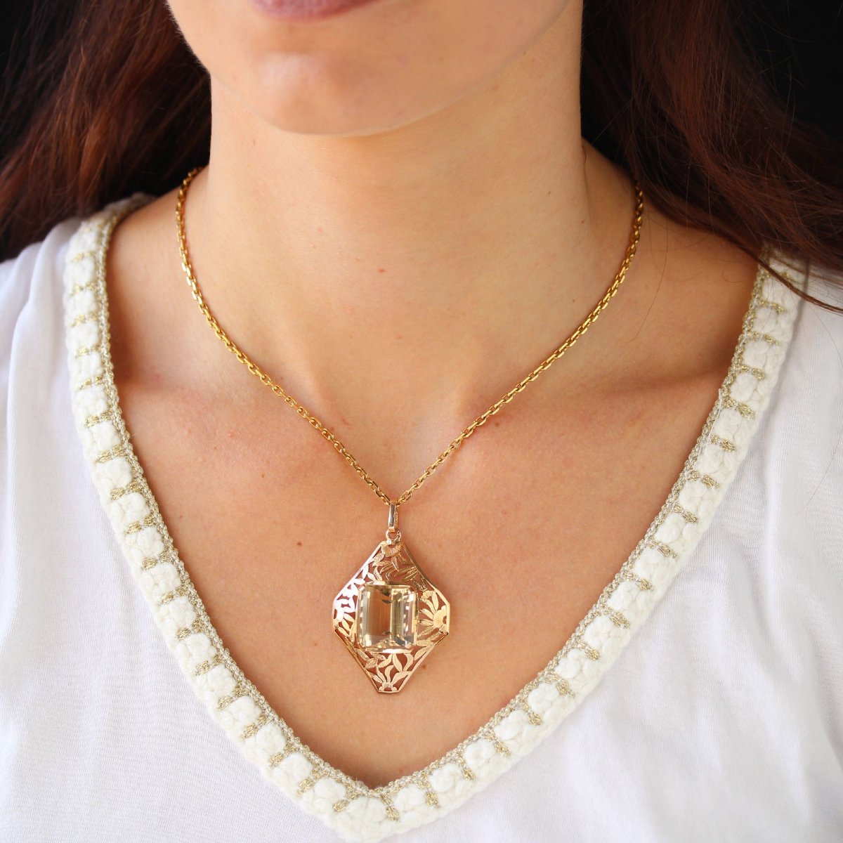 Pendentif ancien citrine et son décor floral-photo-2