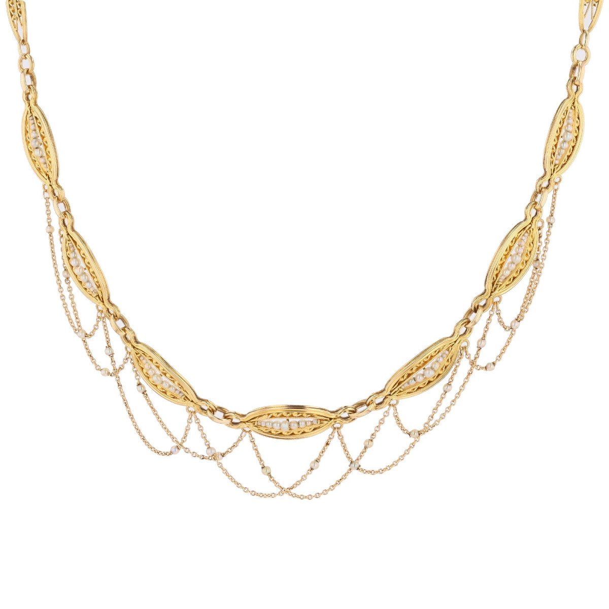 Antique Necklace Of Fine Yellow Gold Pearls In Drapery