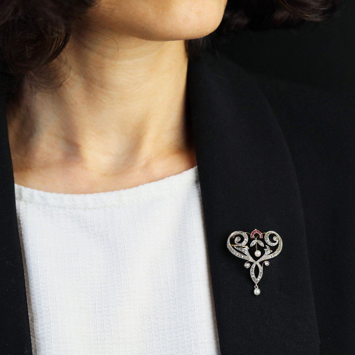 Broche pendentif Art Nouveau diamants perles fines et rubis-photo-2