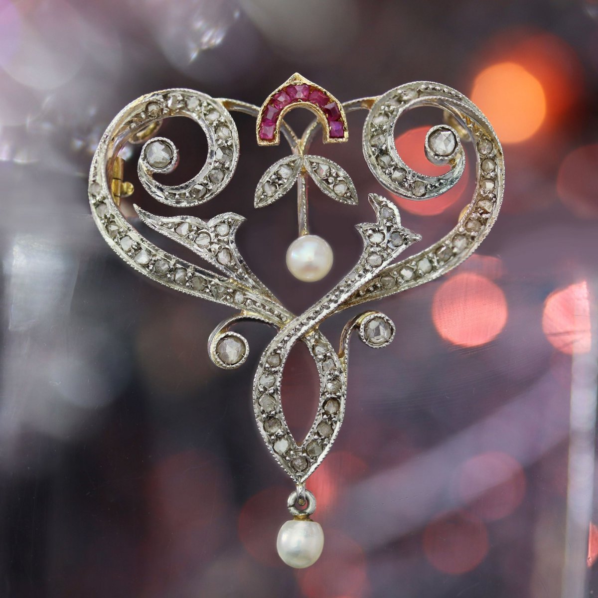 Broche pendentif Art Nouveau diamants perles fines et rubis-photo-4