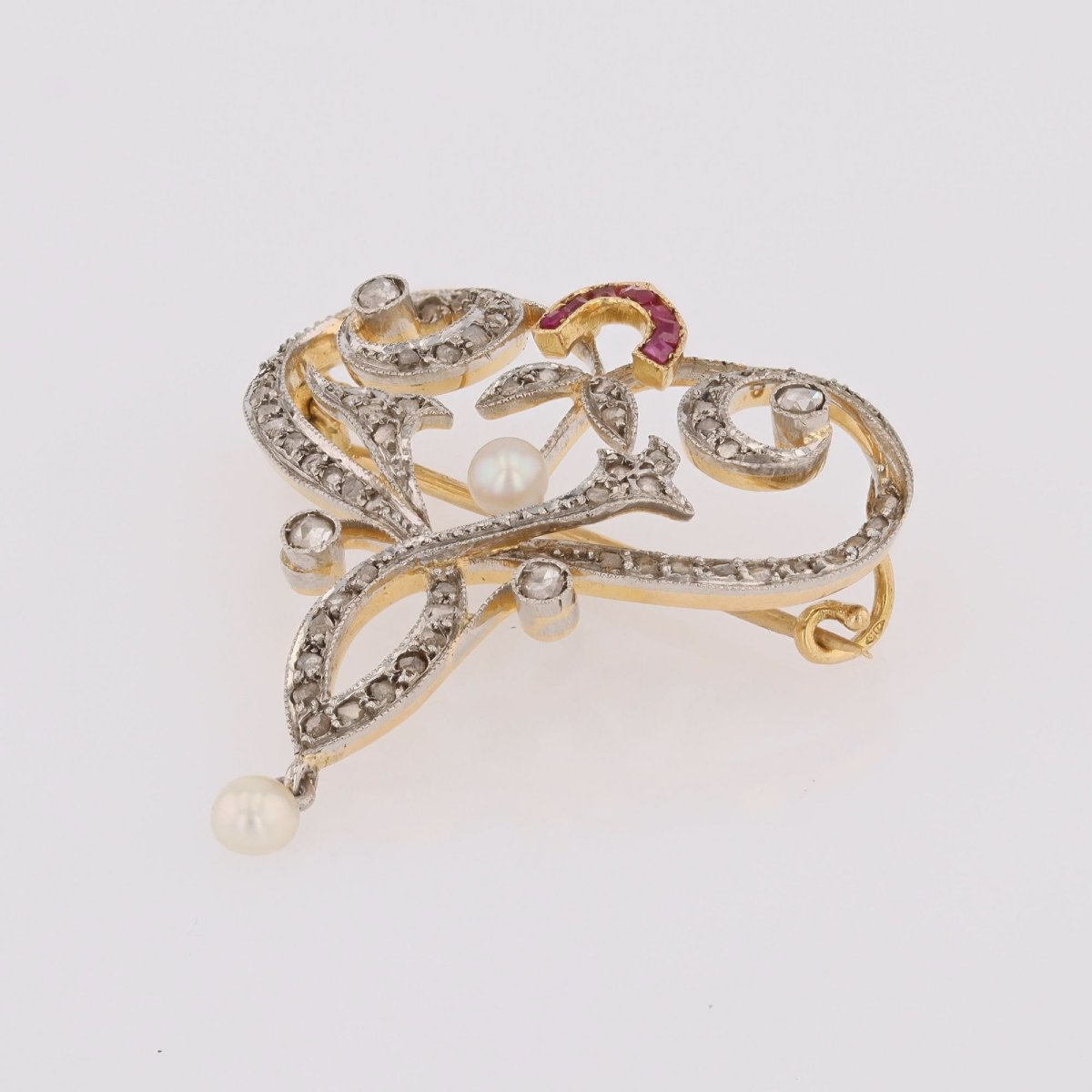 Broche pendentif Art Nouveau diamants perles fines et rubis-photo-1