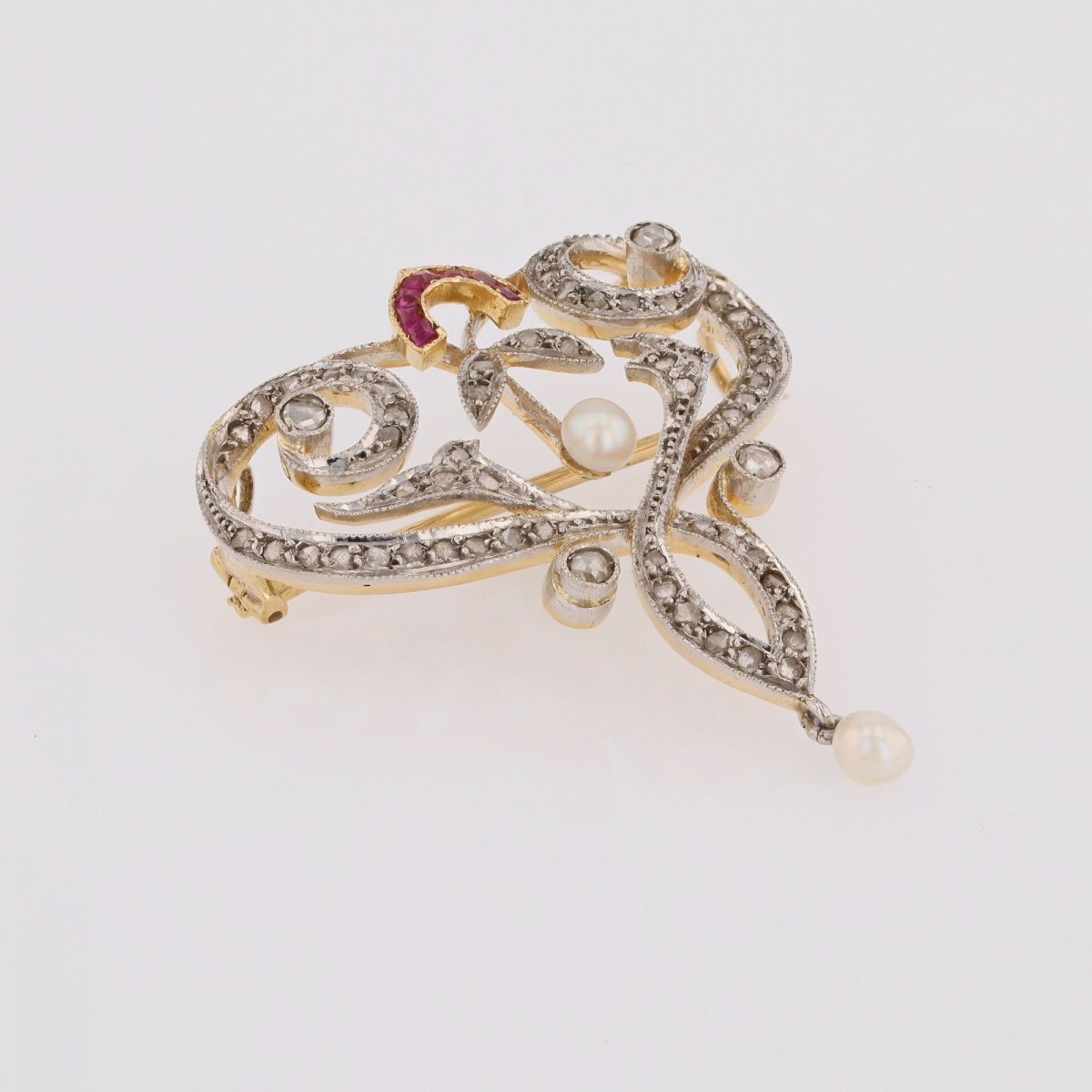 Broche pendentif Art Nouveau diamants perles fines et rubis-photo-2