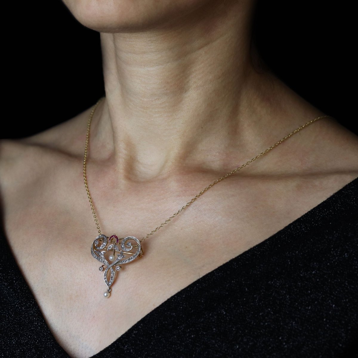 Broche pendentif Art Nouveau diamants perles fines et rubis-photo-4