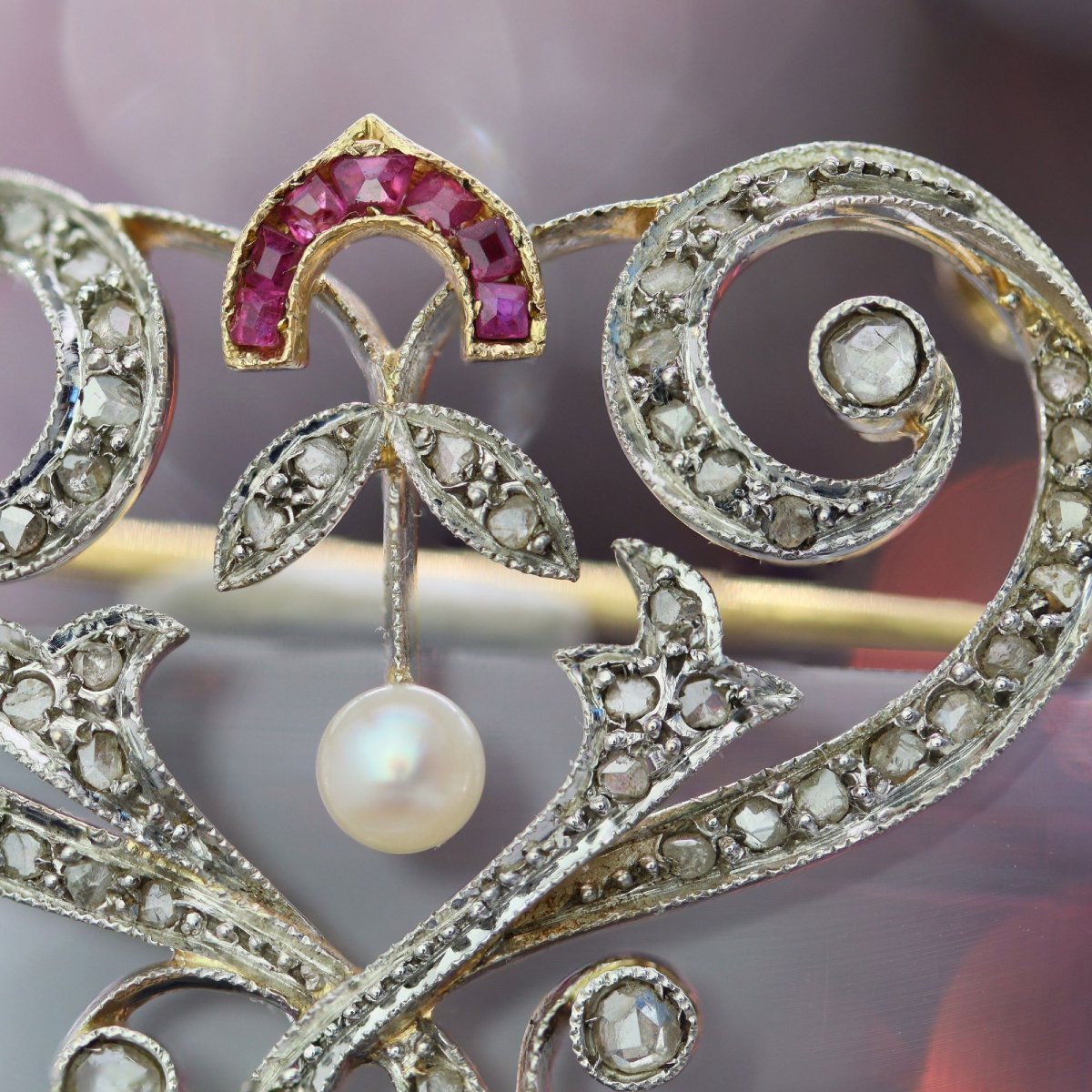 Broche pendentif Art Nouveau diamants perles fines et rubis-photo-6