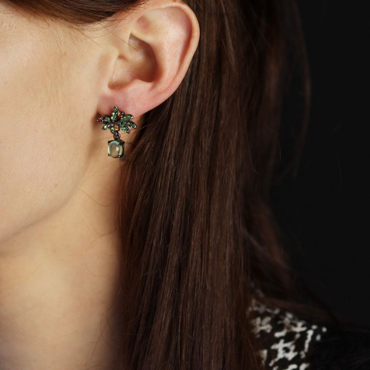 Boucles d'oreilles grenats préhnites sur argent noirci-photo-2