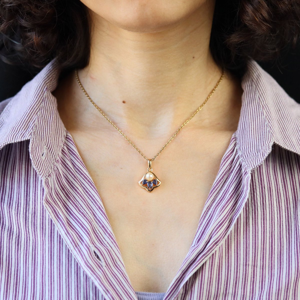 Pendentif or jaune perle de culture et saphirs-photo-2