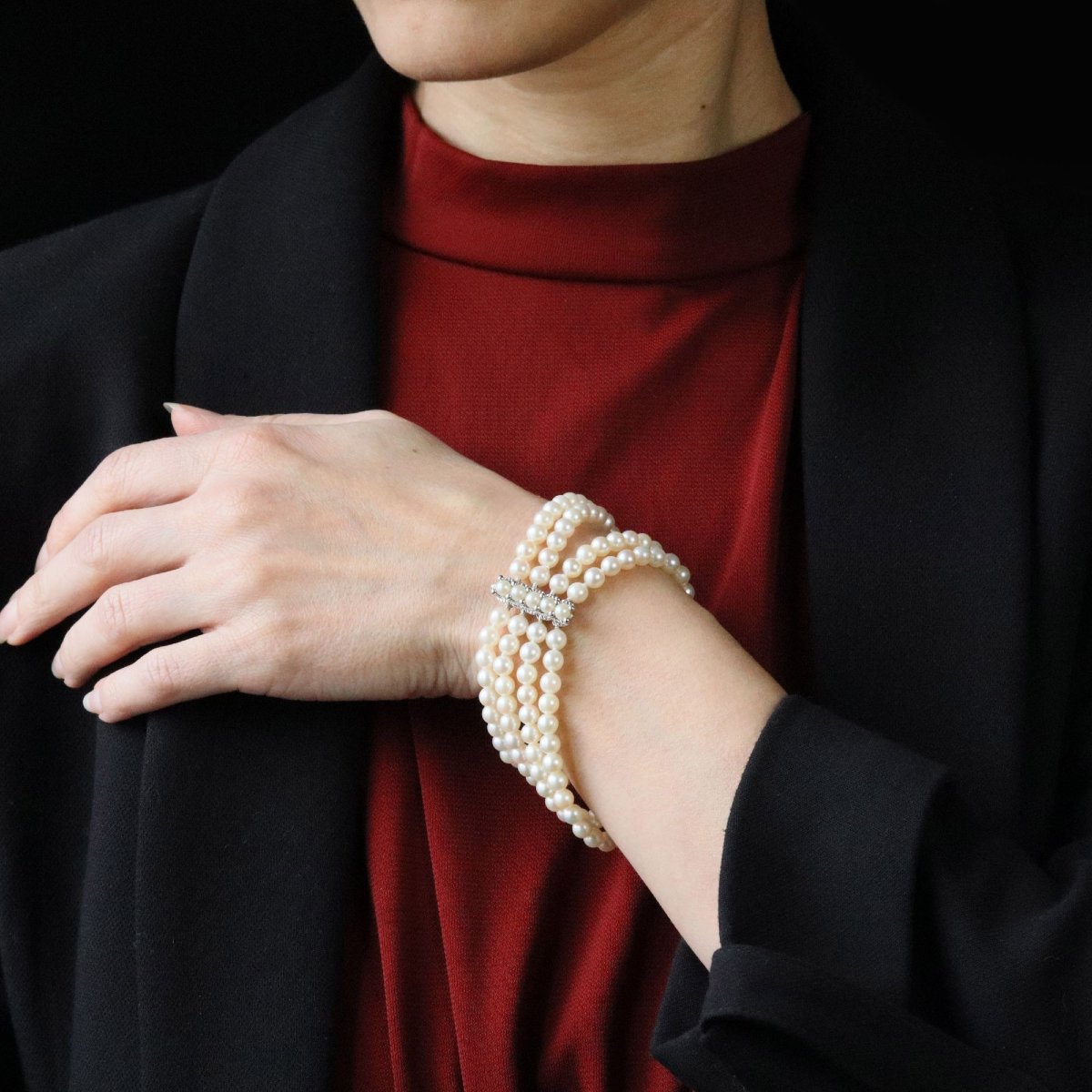 Bracelet 4 rangs perles de culture or blanc-photo-2