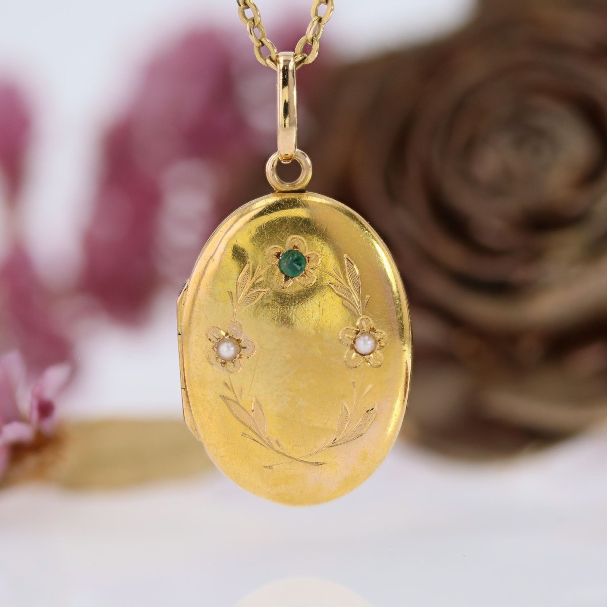 Médaillon ovale perles fines et émeraude-photo-3