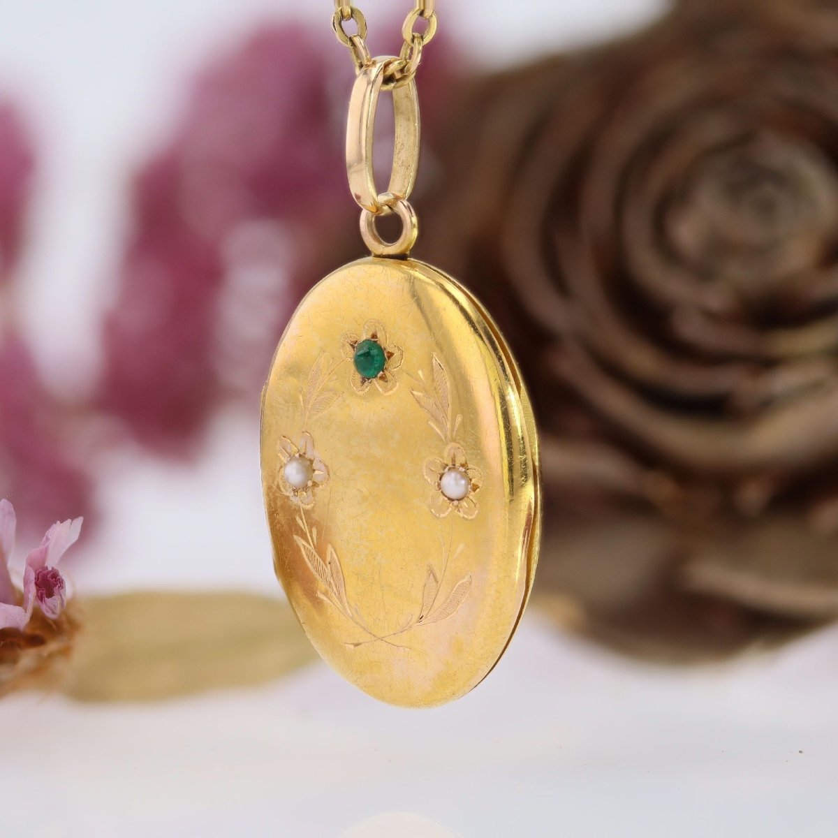 Médaillon ovale perles fines et émeraude-photo-4