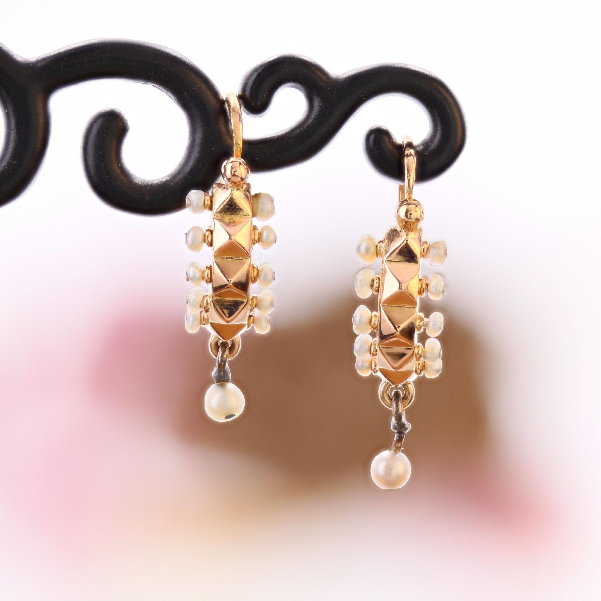 Boucles d'oreilles poissardes or rose perles fines-photo-3