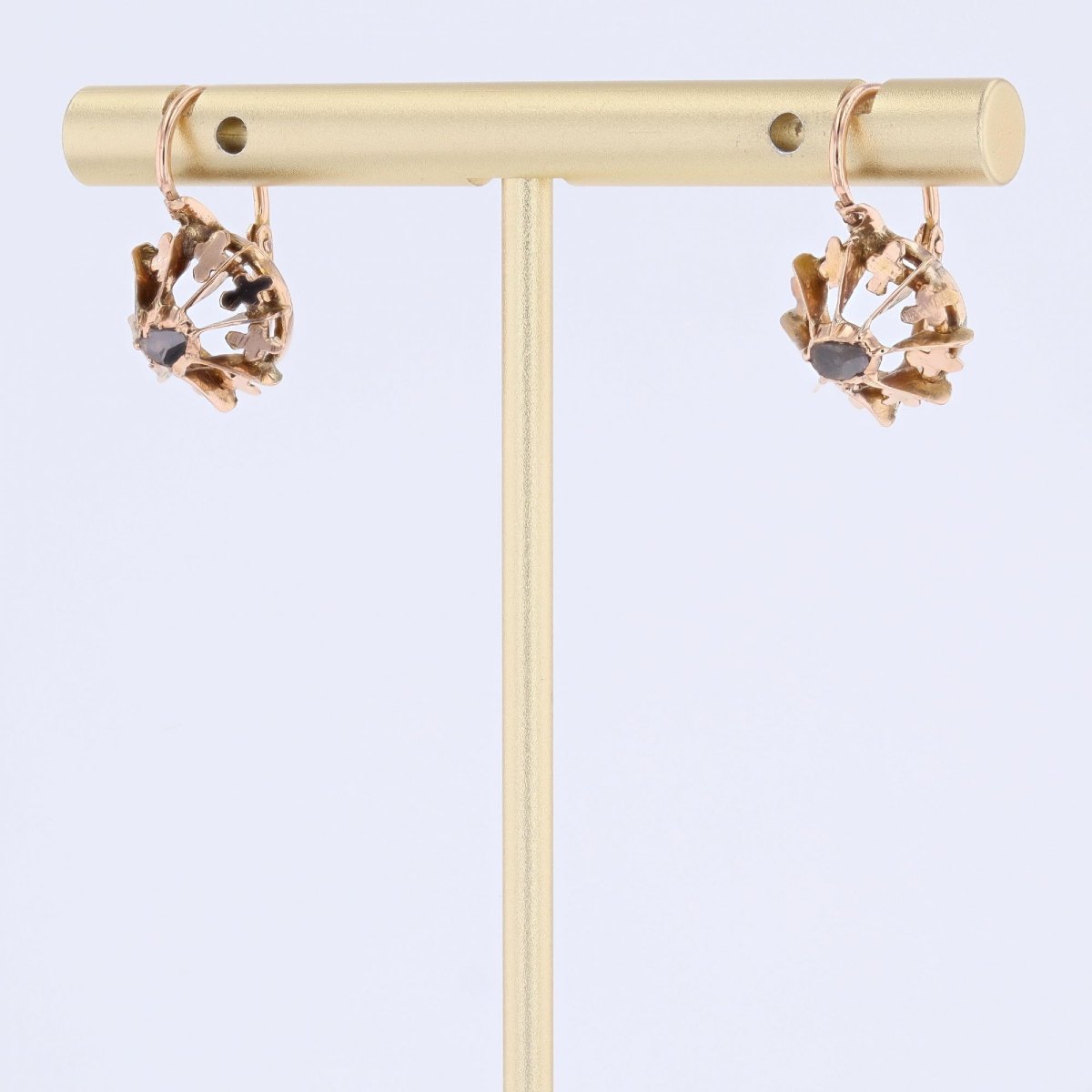 Dormeuses anciennes fleurs de lys et diamants taillés en rose cognac-photo-4