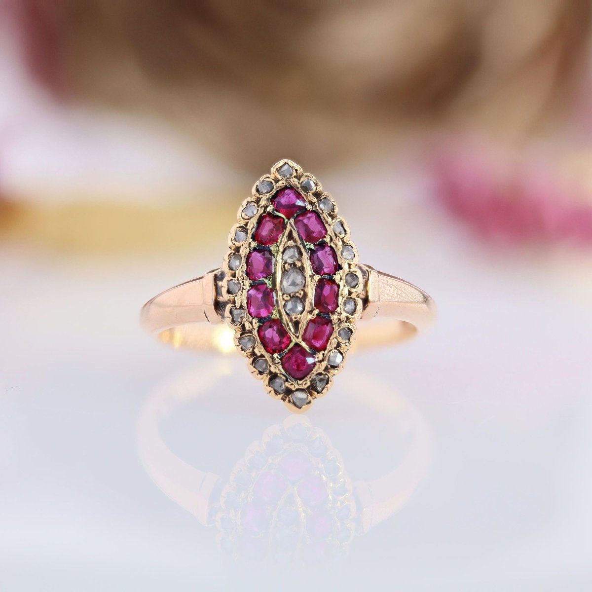 Bague ancienne marquise or rose rubis diamants-photo-3