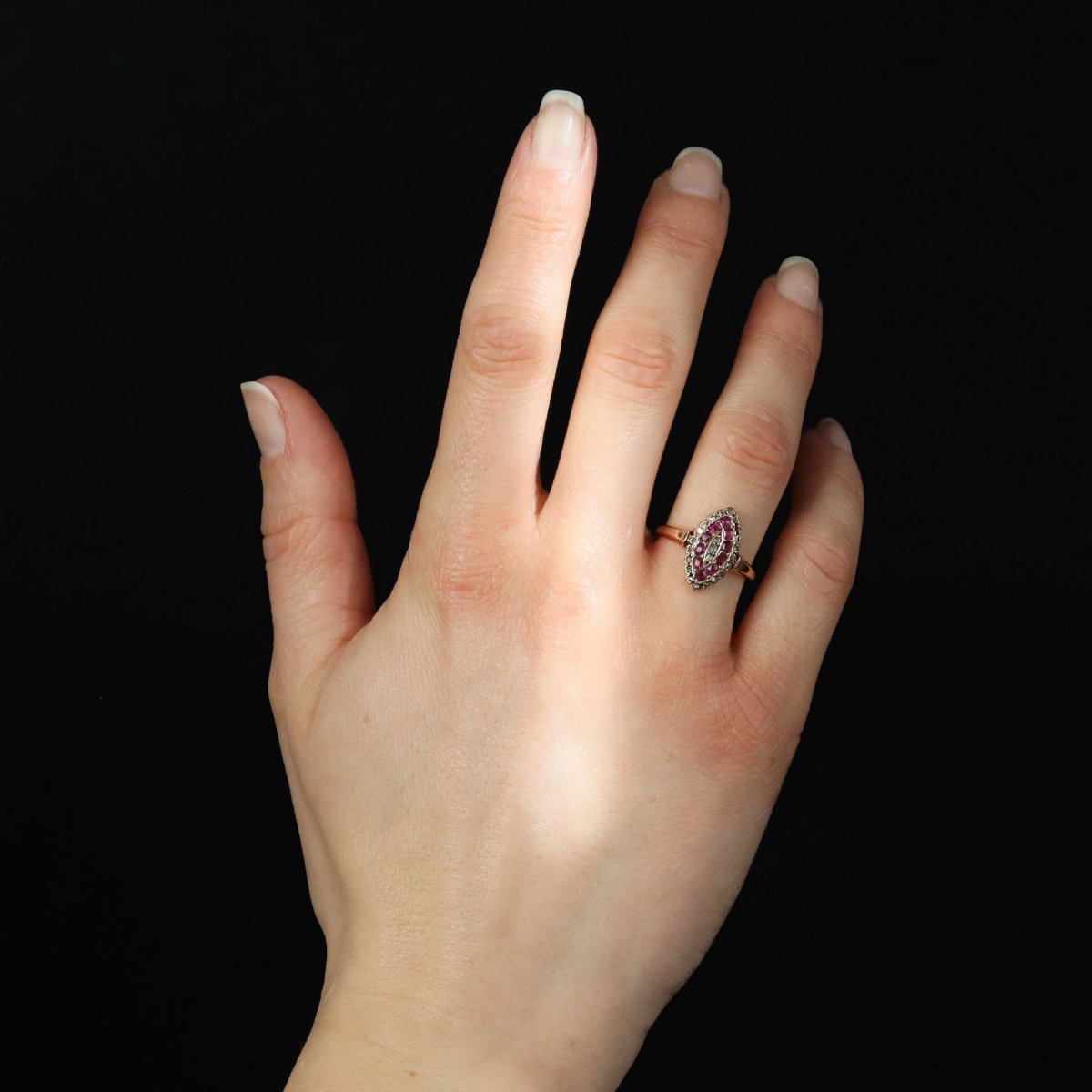 Bague ancienne marquise or rose rubis diamants-photo-4