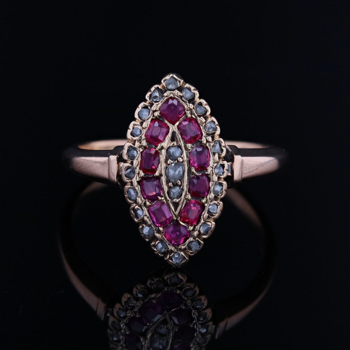 Bague ancienne marquise or rose rubis diamants-photo-1