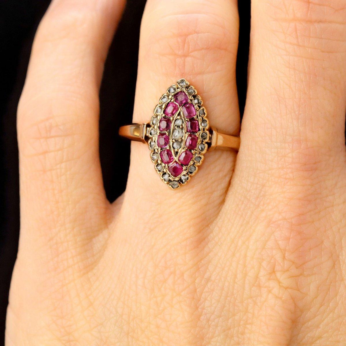 Bague ancienne marquise or rose rubis diamants-photo-2
