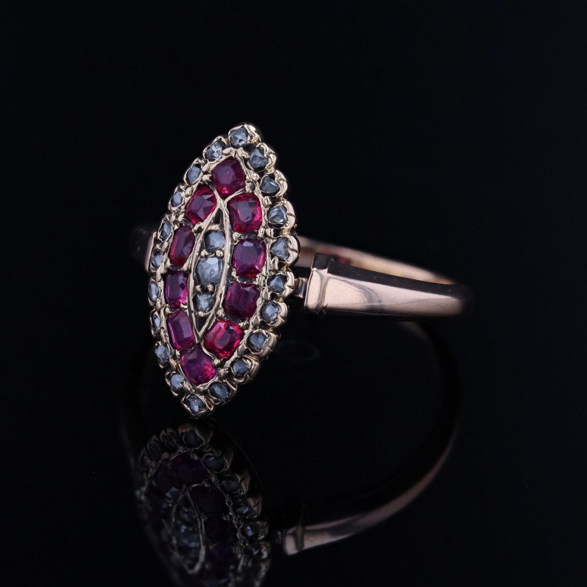 Bague ancienne marquise or rose rubis diamants-photo-3