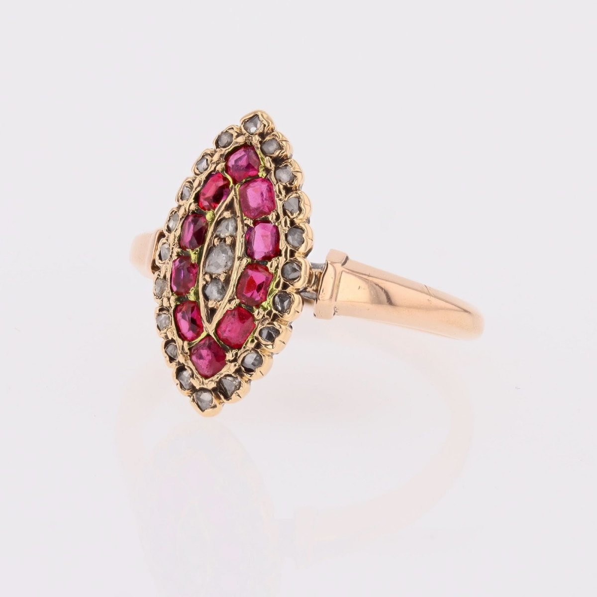 Bague ancienne marquise or rose rubis diamants-photo-4