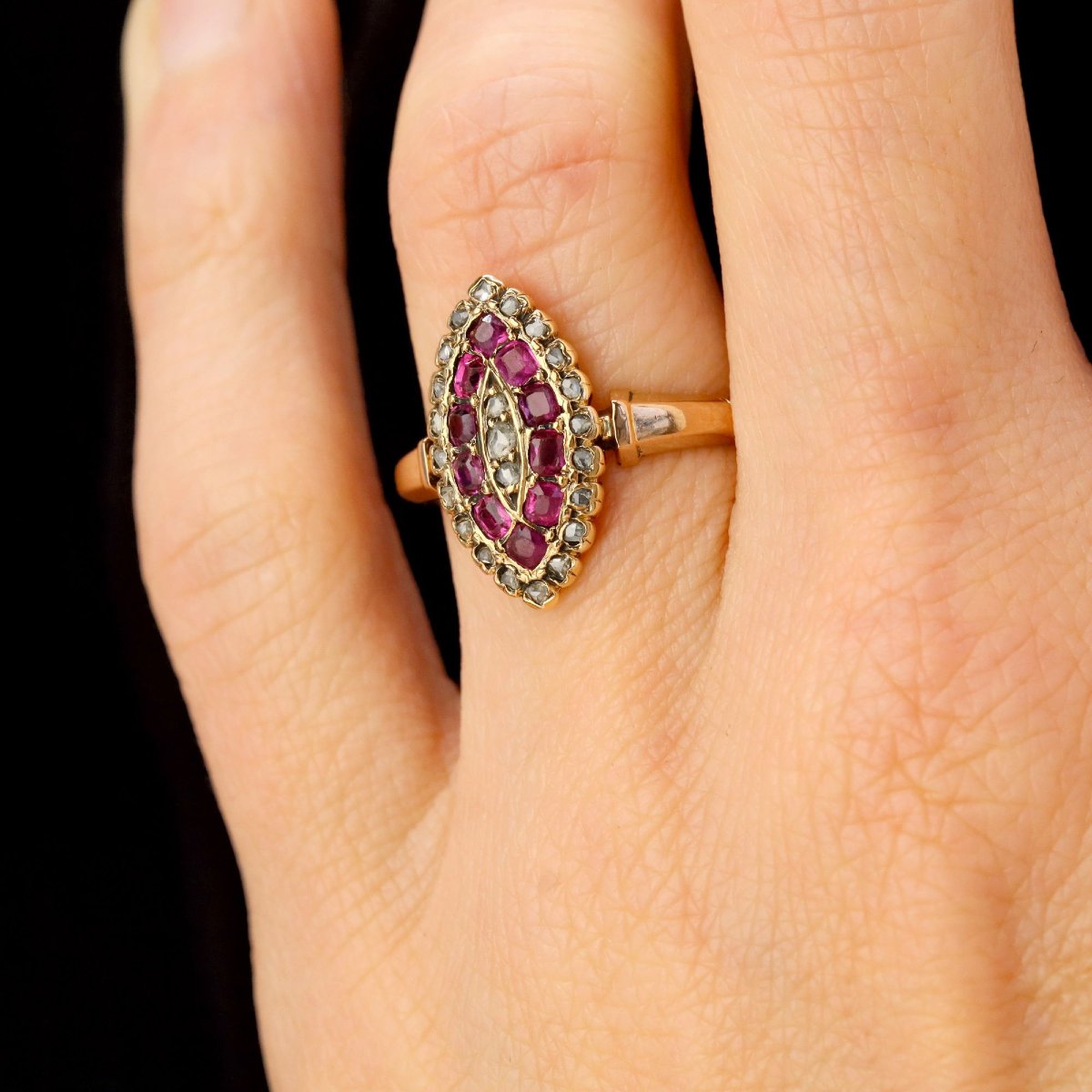 Bague ancienne marquise or rose rubis diamants-photo-5