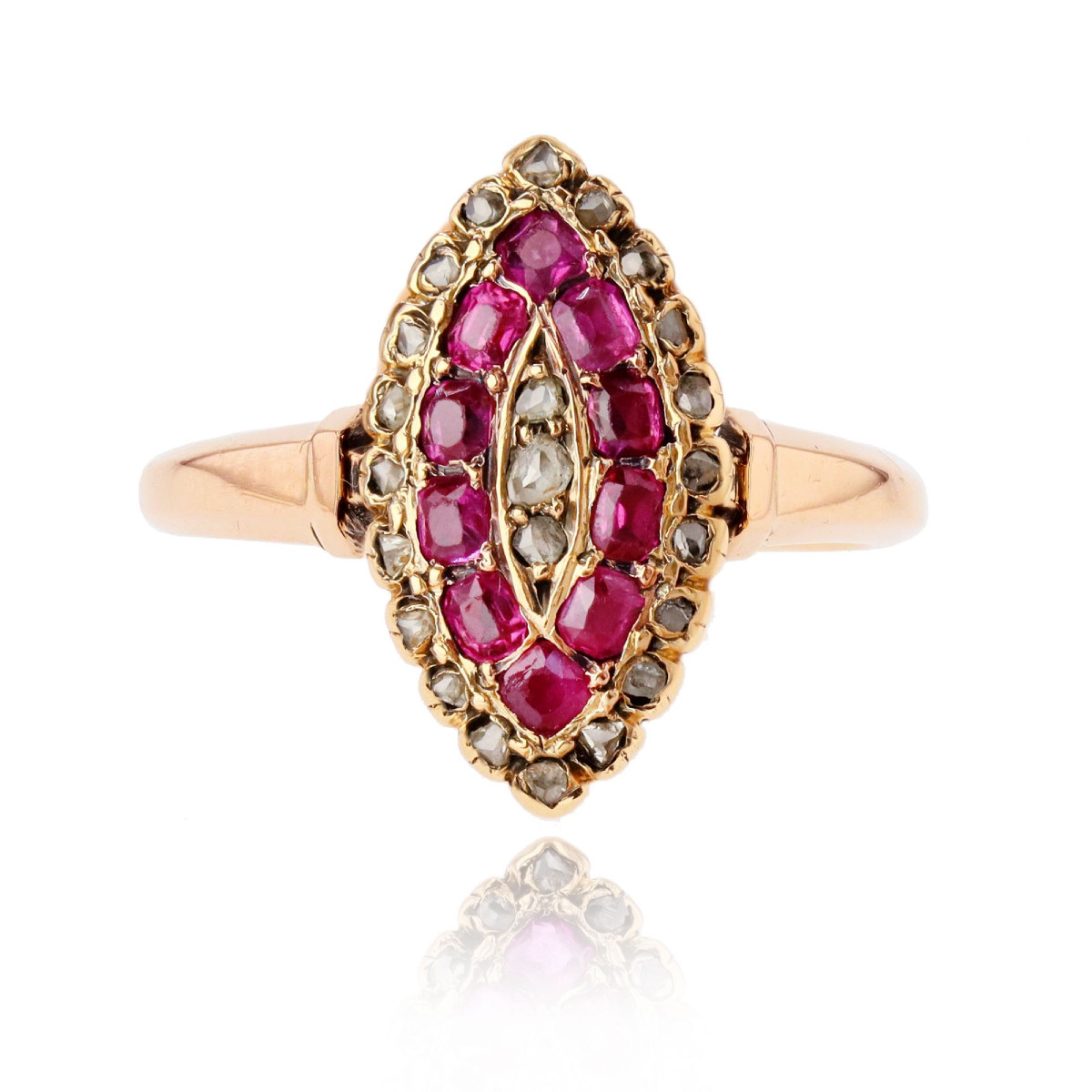 Bague ancienne marquise or rose rubis diamants