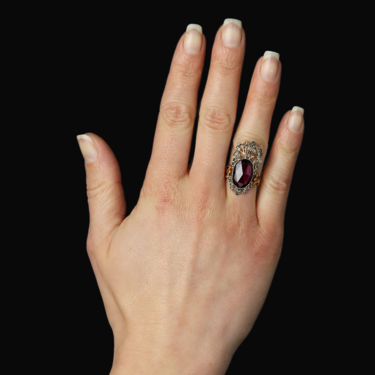 Antique Garden Ring With Rose-cut Garnet And Diamonds-photo-2