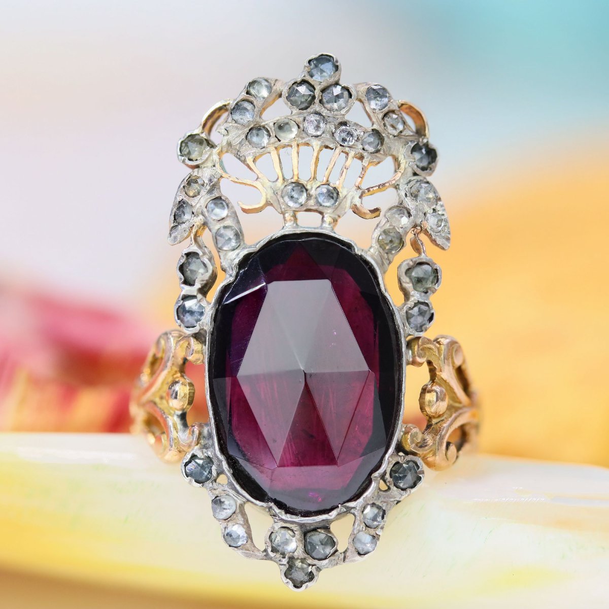 Antique Garden Ring With Rose-cut Garnet And Diamonds-photo-3