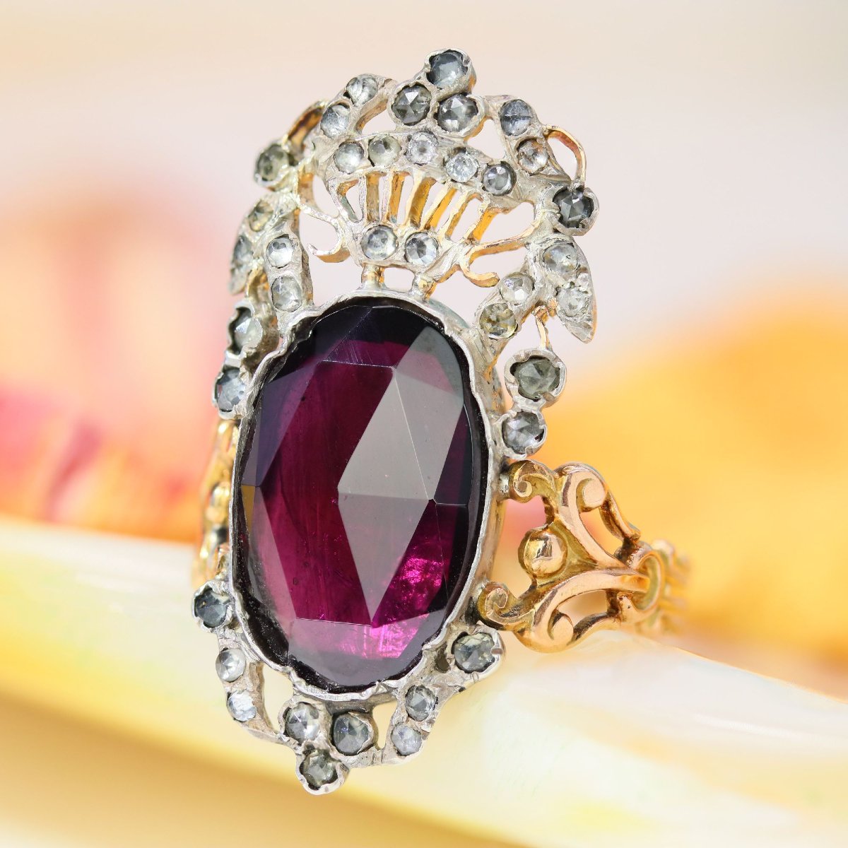 Antique Garden Ring With Rose-cut Garnet And Diamonds-photo-3