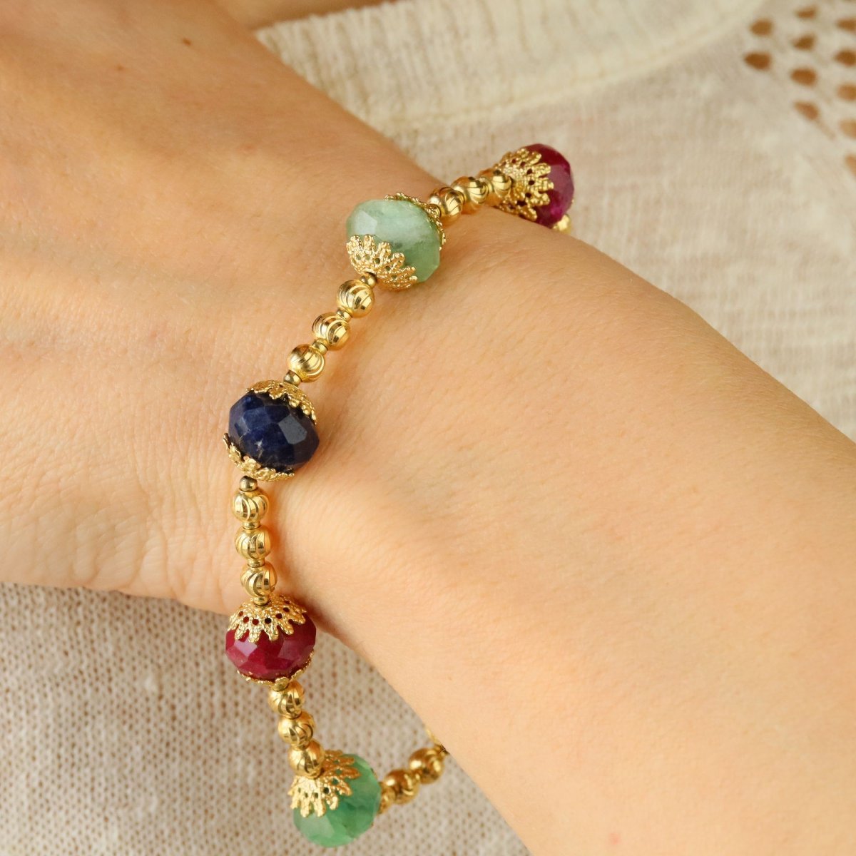 Yellow Gold Bracelet With Ruby, Sapphire, And Emerald Beads-photo-3