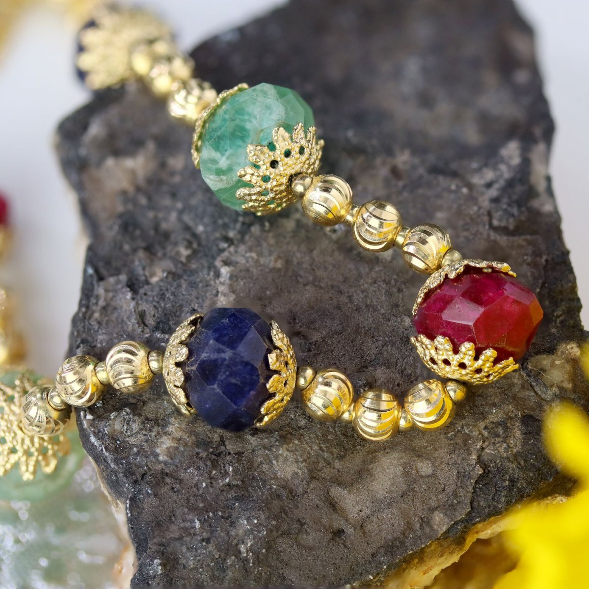 Yellow Gold Bracelet With Ruby, Sapphire, And Emerald Beads-photo-4