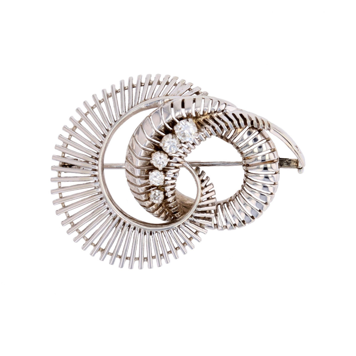 Vintage White Gold Spiral Diamond Brooch