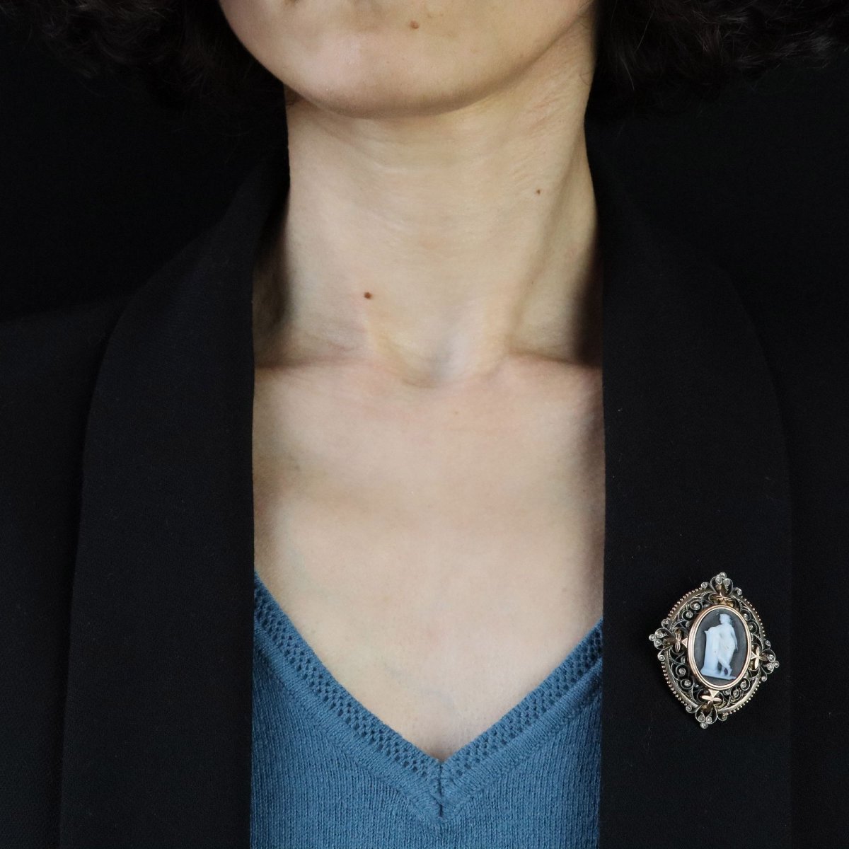 Pendentif broche ancien camée et diamants taillés en rose-photo-4