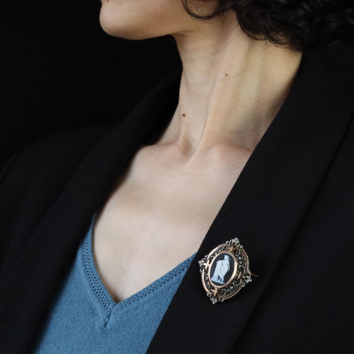 Pendentif broche ancien camée et diamants taillés en rose-photo-6