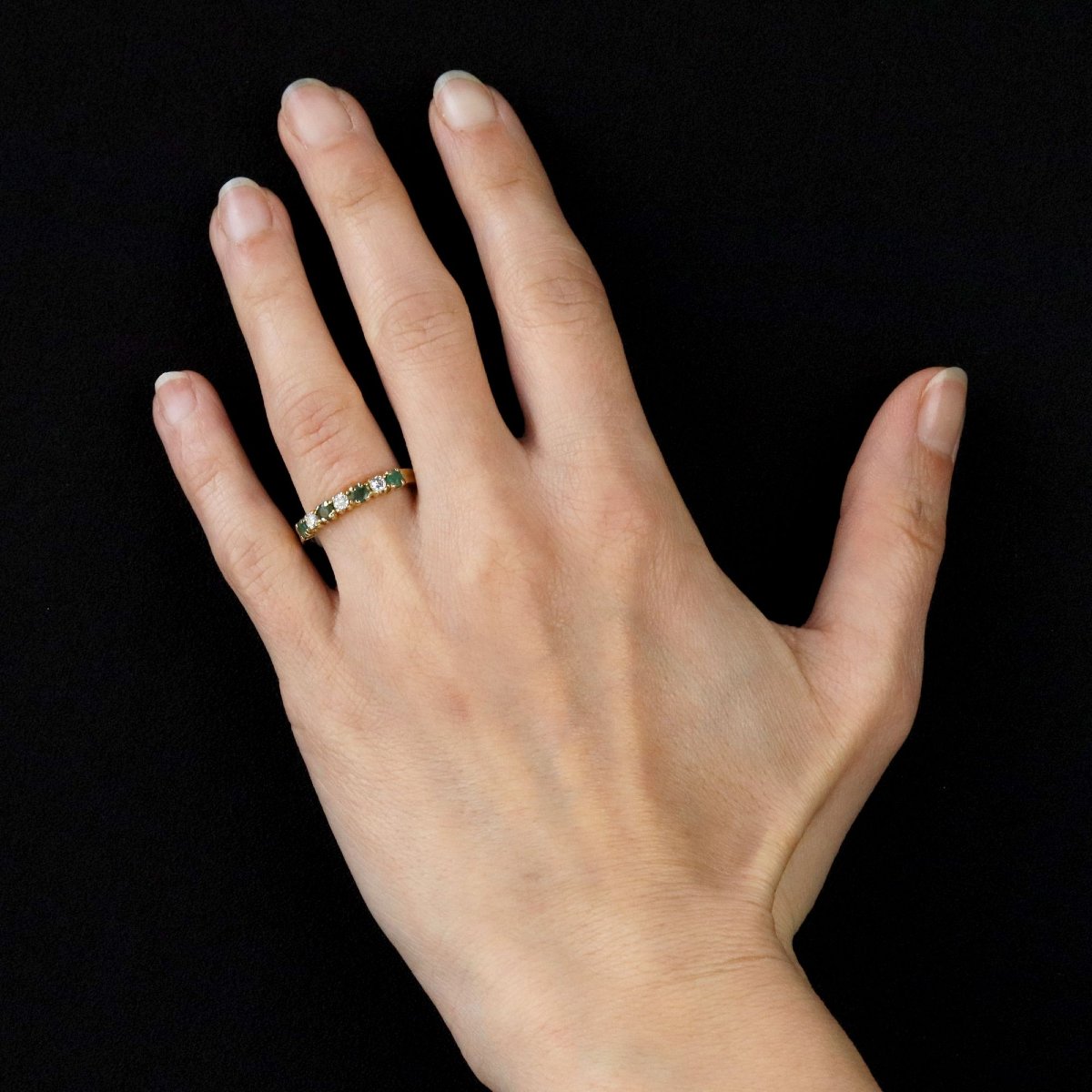 Half Wedding Band With Emeralds, Diamonds, And Yellow Gold-photo-2