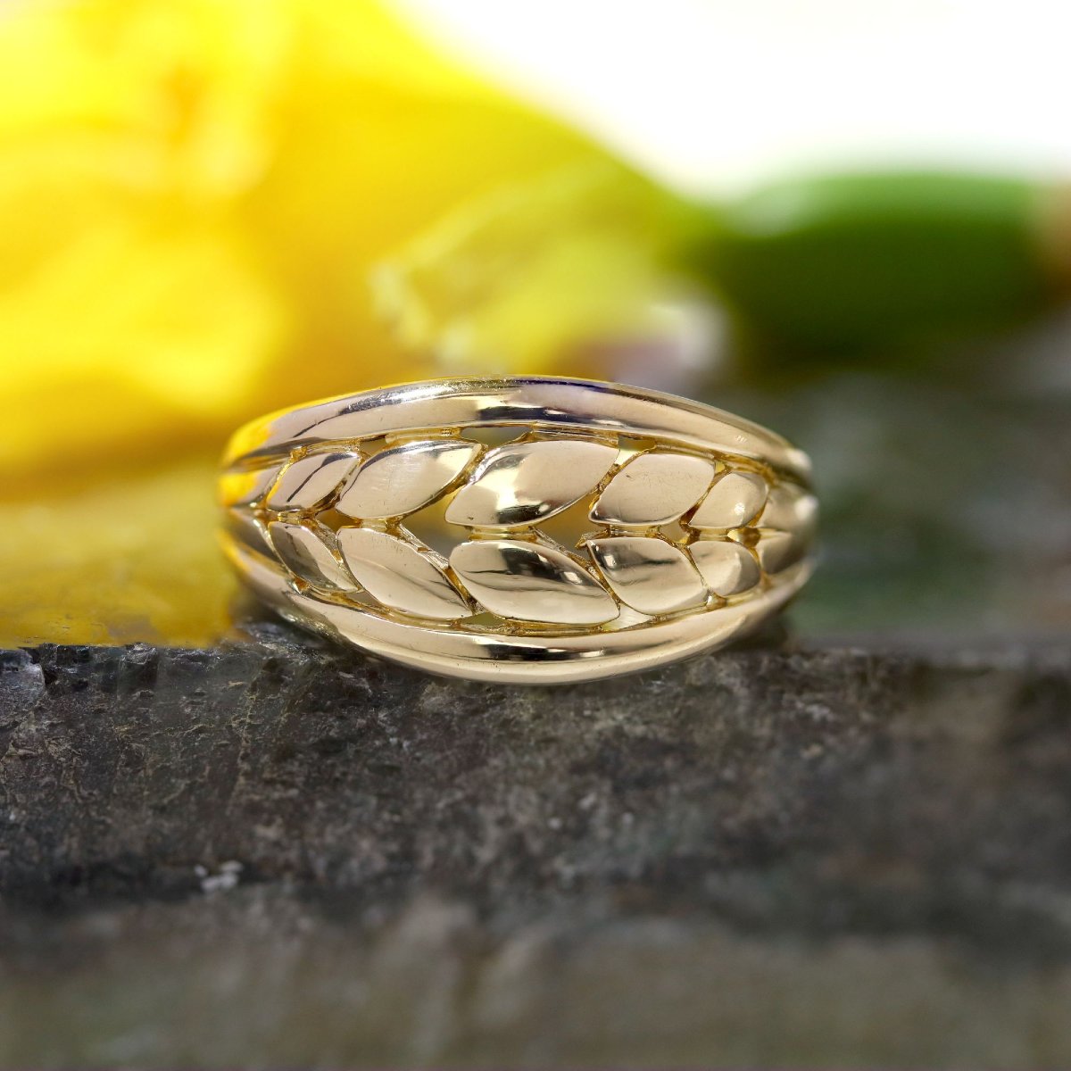 Bague or jaune décor feuilles-photo-3