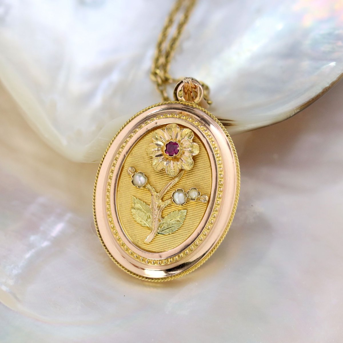 Antique Pansy Flower Medallion With Fine Pearls And Rubies-photo-3