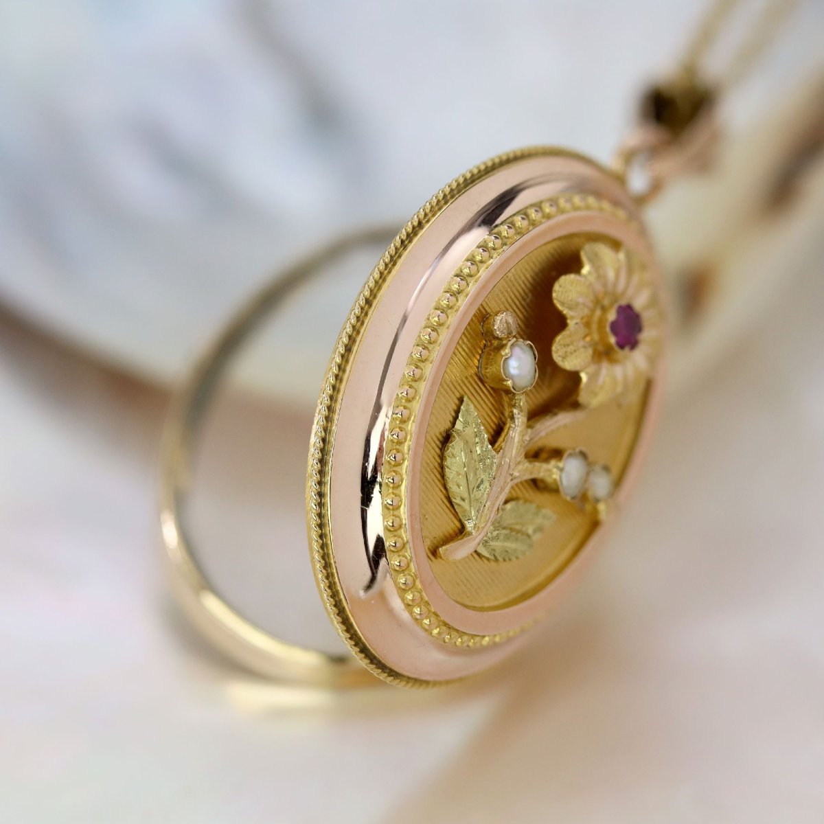 Antique Pansy Flower Medallion With Fine Pearls And Rubies-photo-5