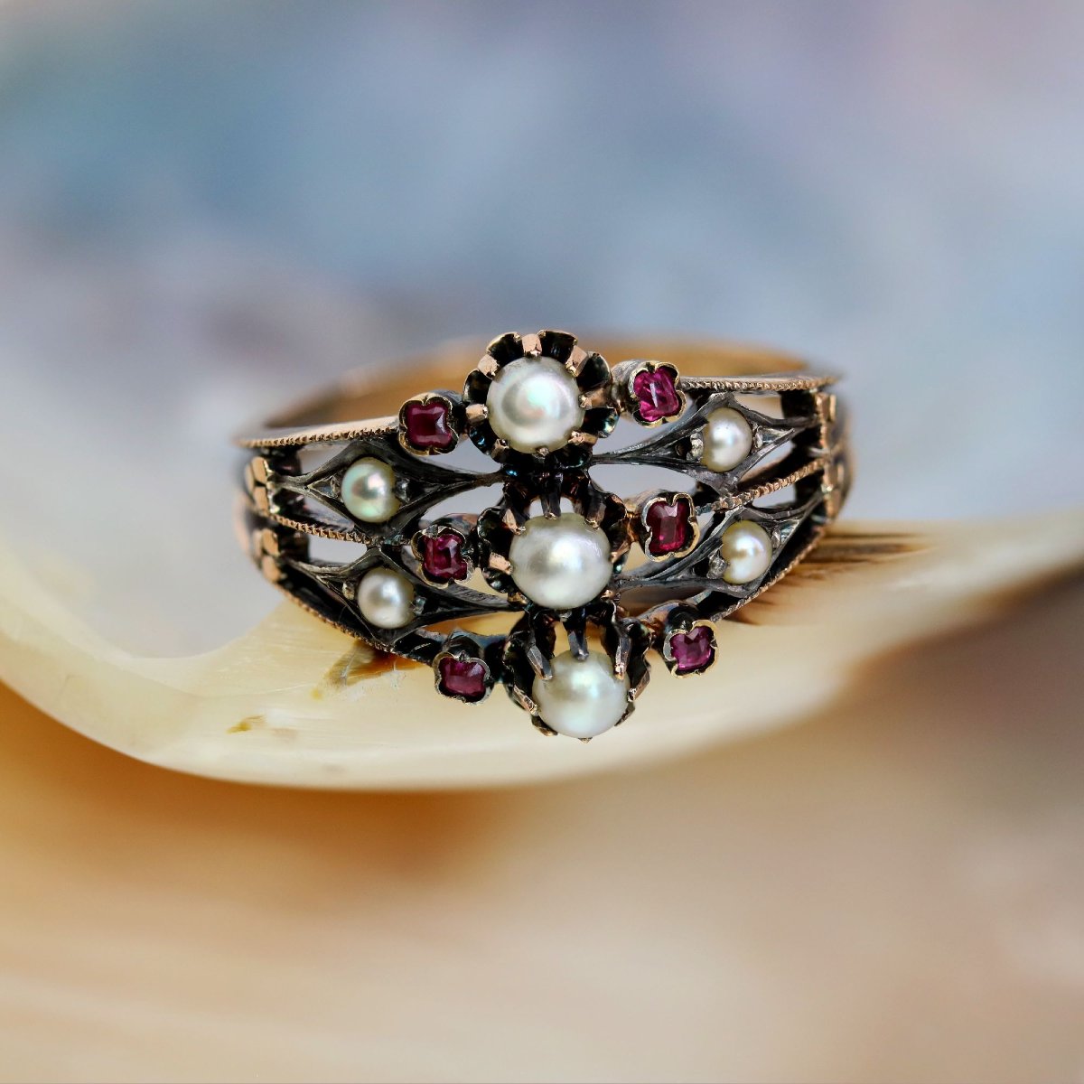 Bague ancienne Perles fines Rubis 3 anneaux-photo-3