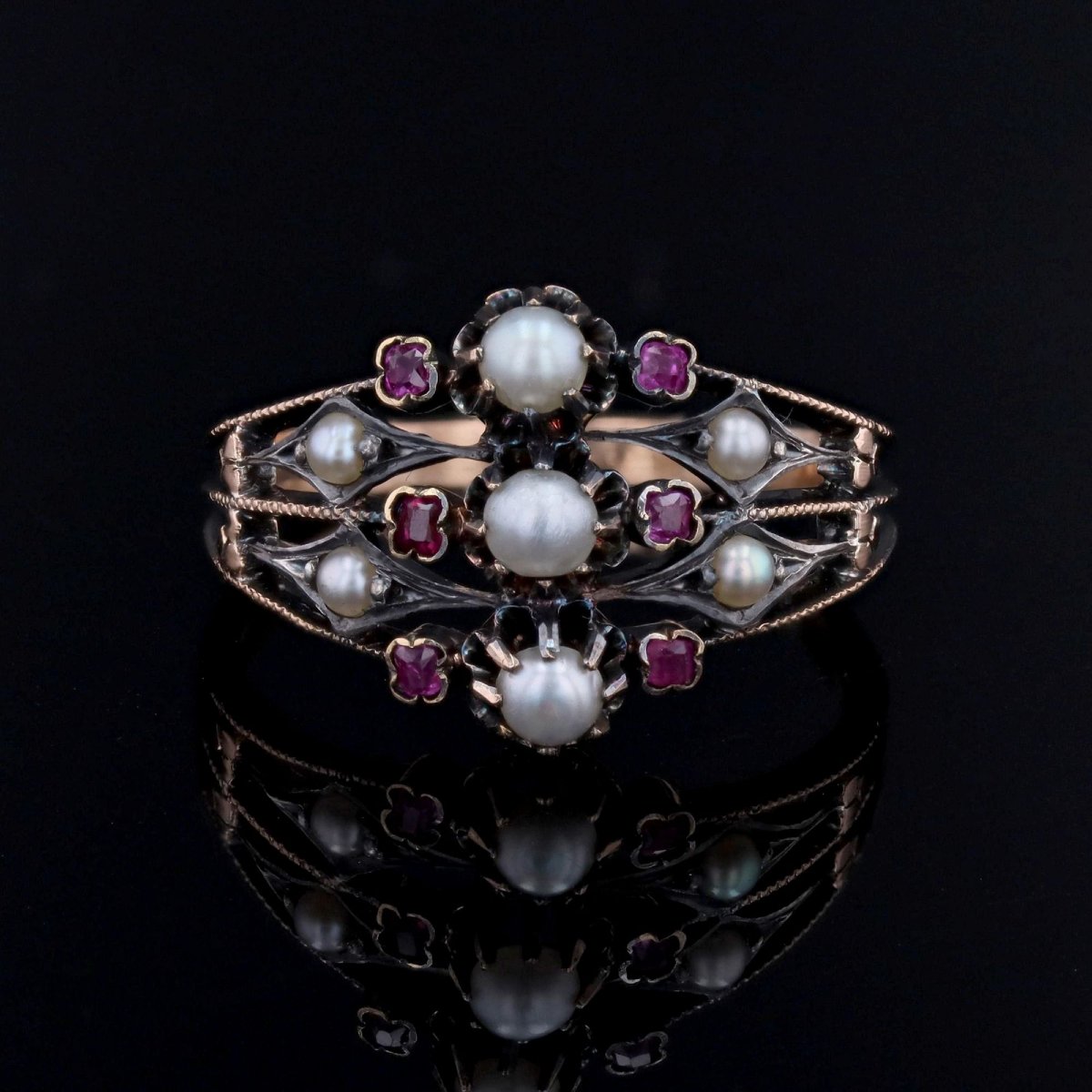 Bague ancienne Perles fines Rubis 3 anneaux-photo-1
