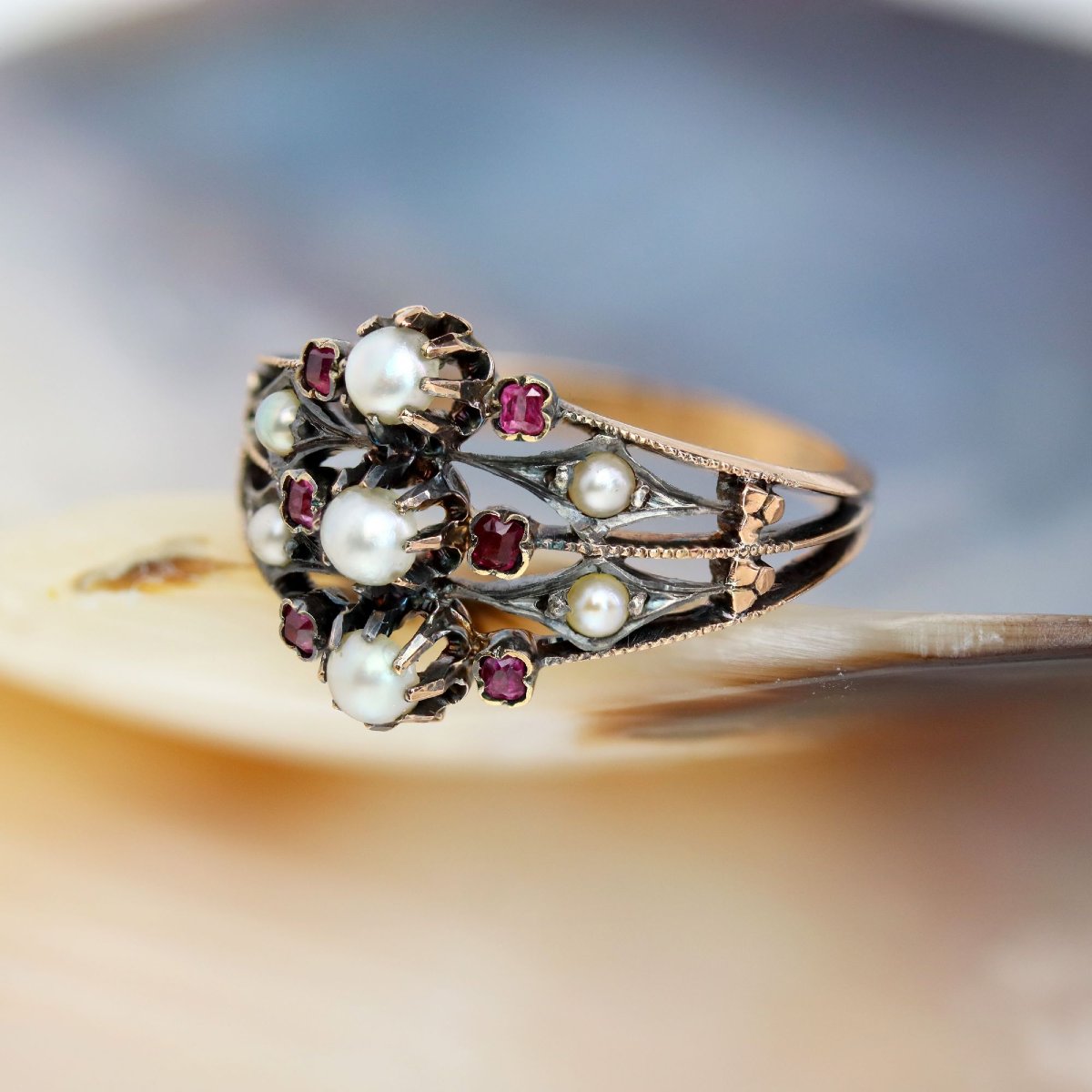 Bague ancienne Perles fines Rubis 3 anneaux-photo-3