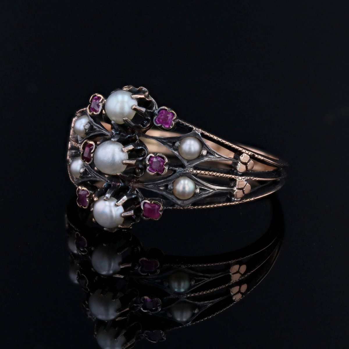 Bague ancienne Perles fines Rubis 3 anneaux-photo-4