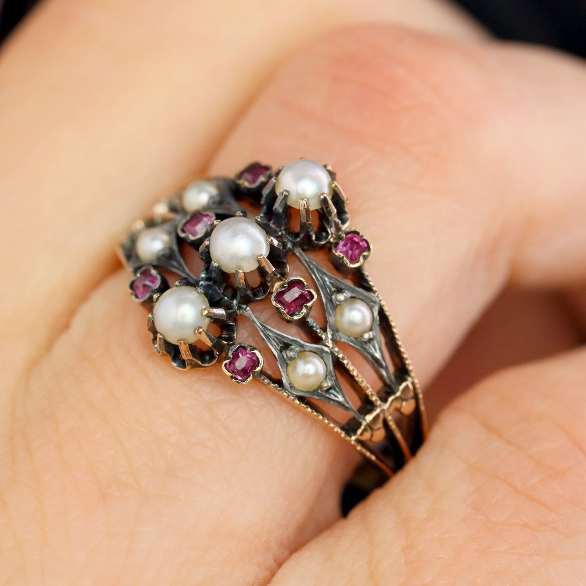 Bague ancienne Perles fines Rubis 3 anneaux-photo-6
