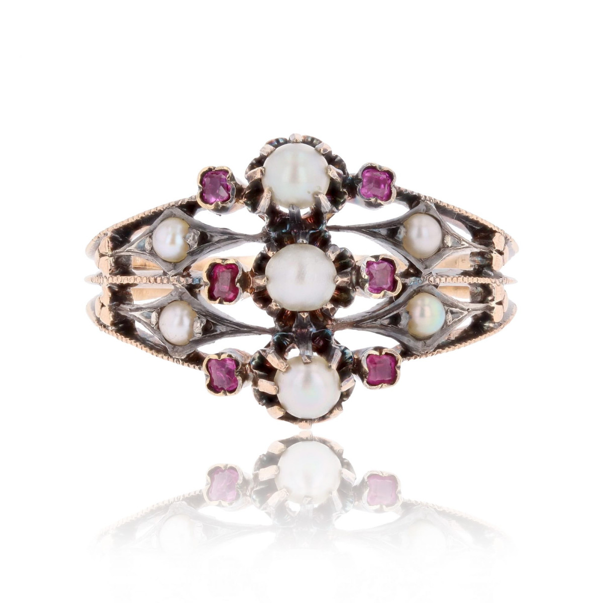 Bague ancienne Perles fines Rubis 3 anneaux