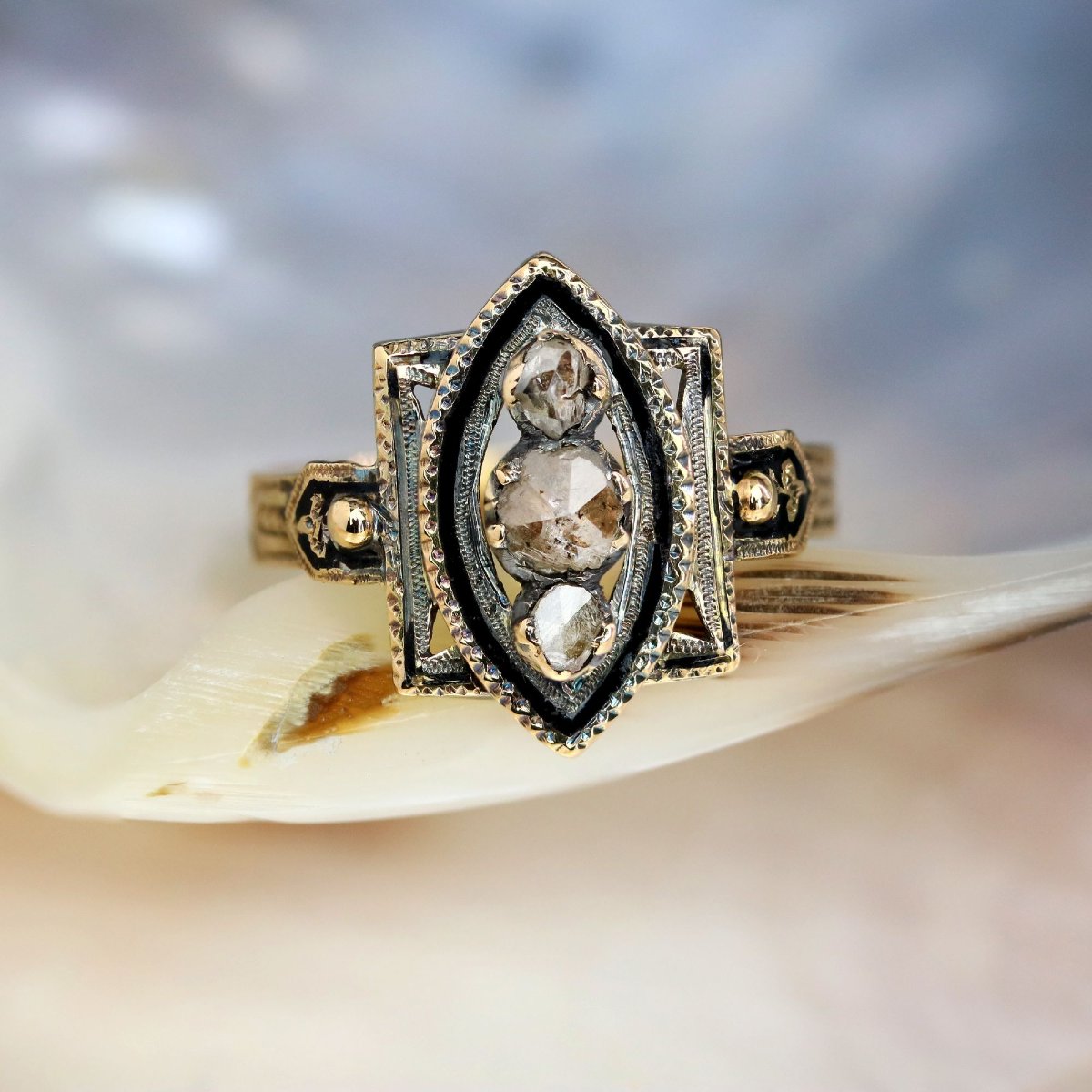 Antique Black Enamel Diamond Ring-photo-3