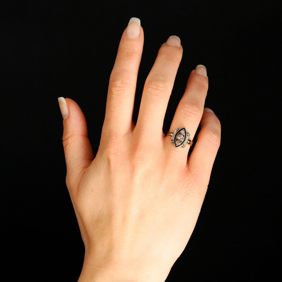 Antique Black Enamel Diamond Ring-photo-4