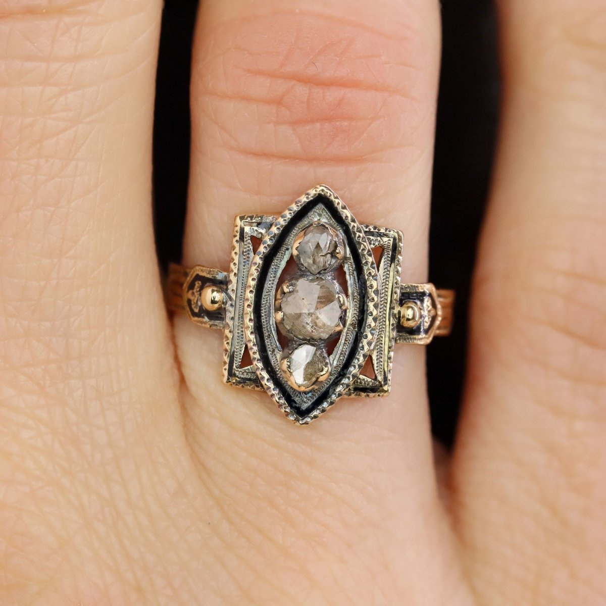 Antique Black Enamel Diamond Ring-photo-2