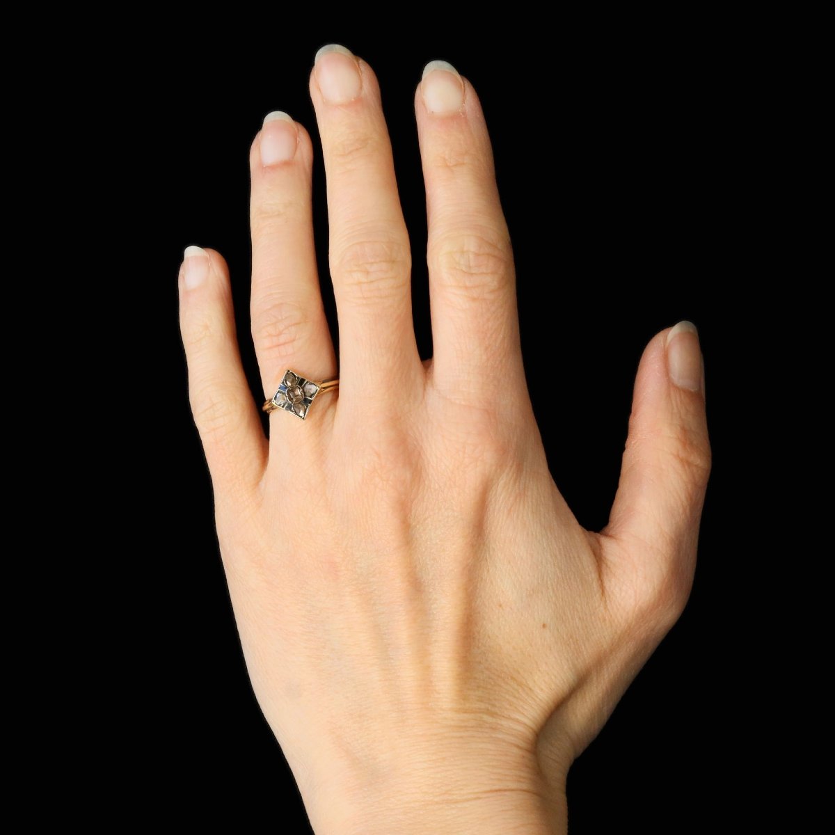 Bague ancienne losange diamants émail noir-photo-2