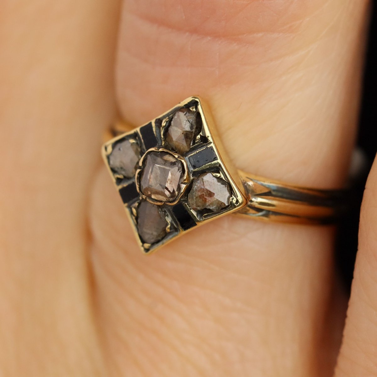 Bague ancienne losange diamants émail noir-photo-6