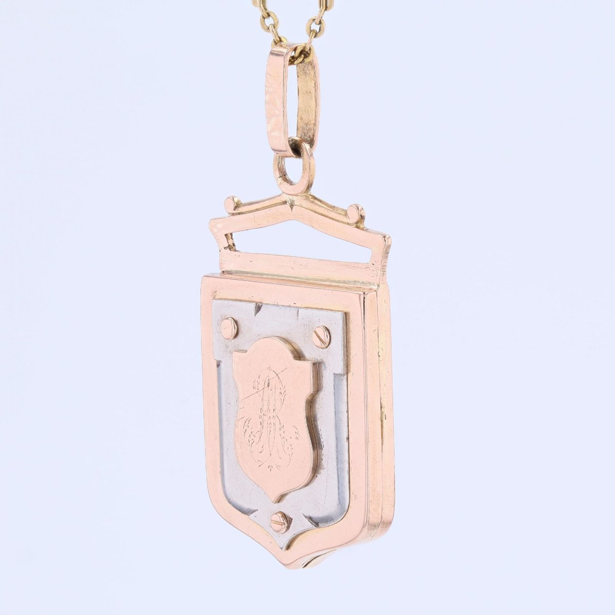 Pendentif médaillon ancien écusson or rose or blanc-photo-4